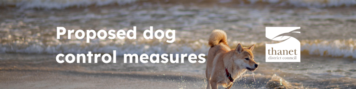 Tan dog running in sea waves. White text reads 'Proposed dog control measures' beside white Thanet District Council logo.