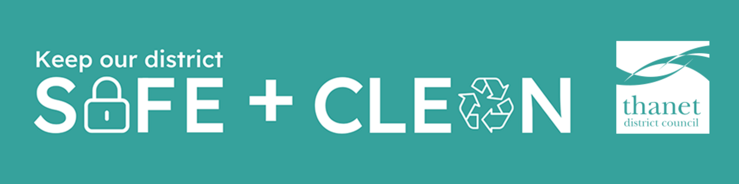 An image with a teal background and white text that reads, "Keep our district SAFE + CLEAN." The 'A' in "SAFE" is replaced by a padlock icon, and the 'A' in "CLEAN" is replaced by a recycling symbol.