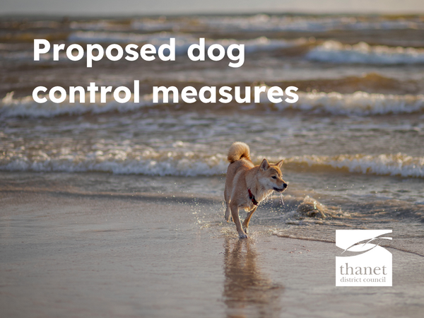 Tan dog running in sea waves. White text reads 'Proposed dog control measures' beside white Thanet District Council logo.