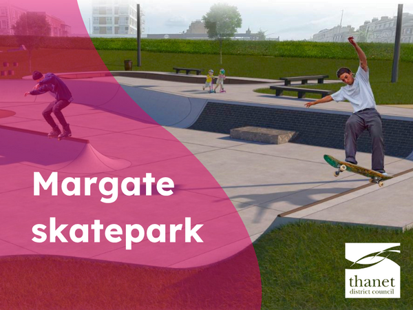 Visualisation of Margate Skatepark's proposed concrete bowls and ramps, featuring the Thanet District Council logo and pink banner text.