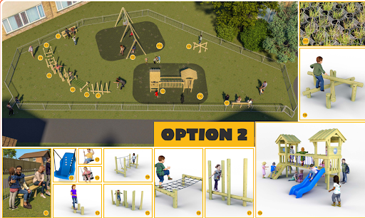 The image below shows the design option chosen by the local community and the new play equipment that will be installed.